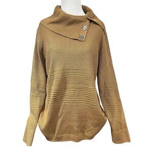 Calvin Klein Womens Medium Light Brown Cowl Neck Knit Sweater Silver Button cozy
